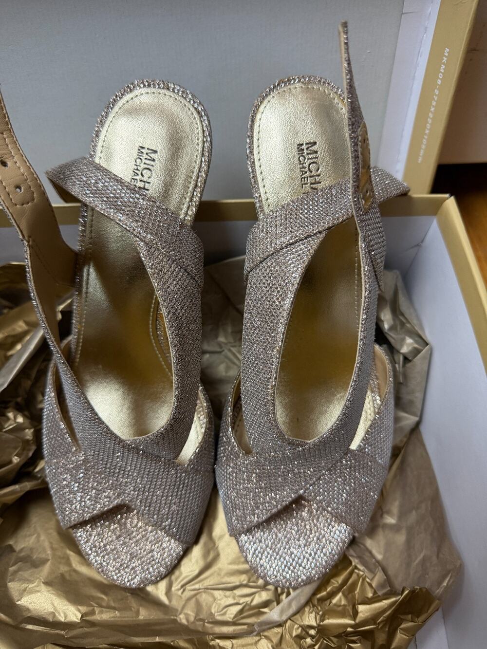 Michael Michael Kors Woman's Becky Dress Sandals Gold Glitter Size 8.5M W/Box